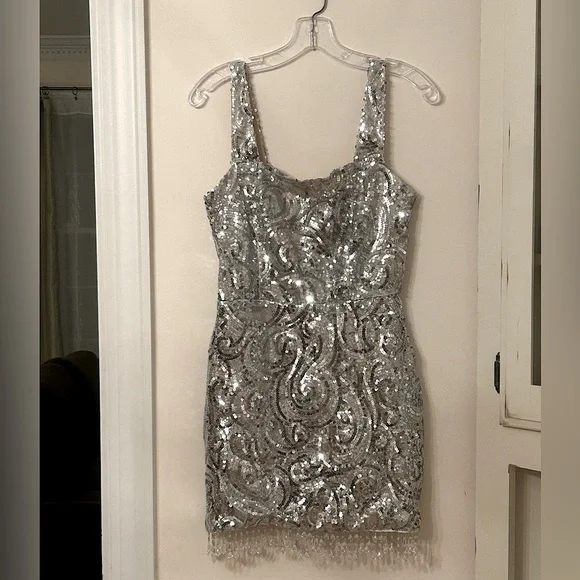 Dresses | New Sequin Silver Dress With Beaded Fringe | Poshmark